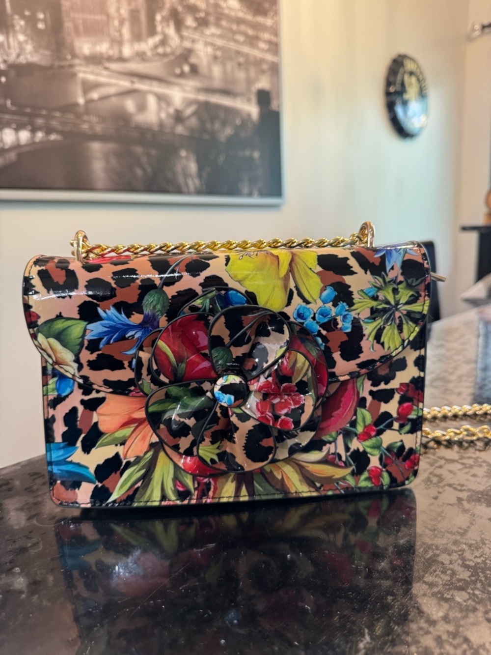 Floral Leopard Patent Crossbody Bag with Gold Chain